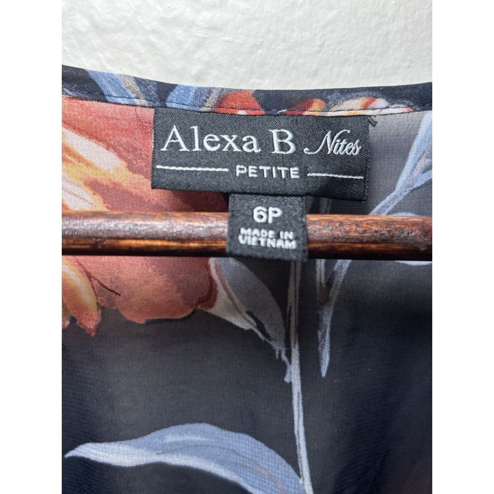 Alexa B Nites Petite 6P Navy Floral Maxi Dress V Neck Flutter Sleeve Formal - Picture 6 of 7